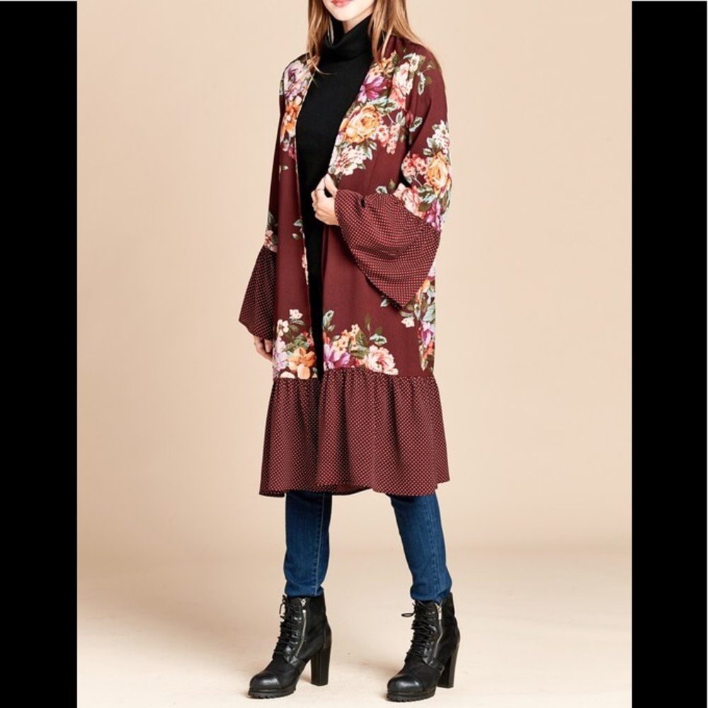 Burgundy floral print kimono